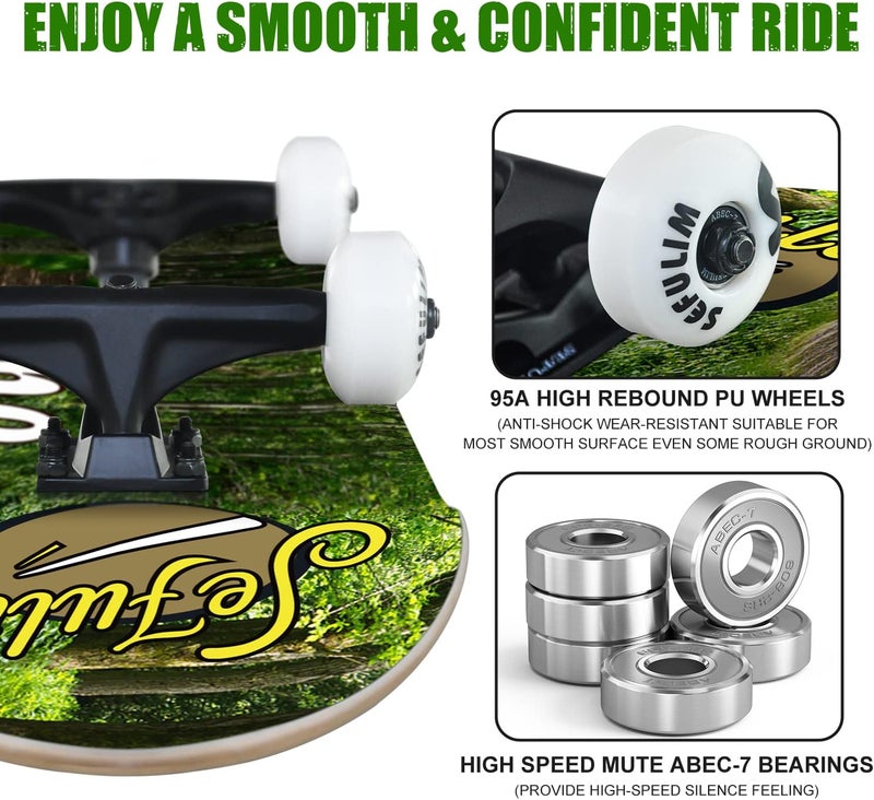 Sefulim 31 x 8 Inch Complete Skateboard 7 Layer Canadian Maple Double Kick Deck Concave Cruiser Trick Skateboard for Boys Girls Teens Adults Beginner - Image 3
