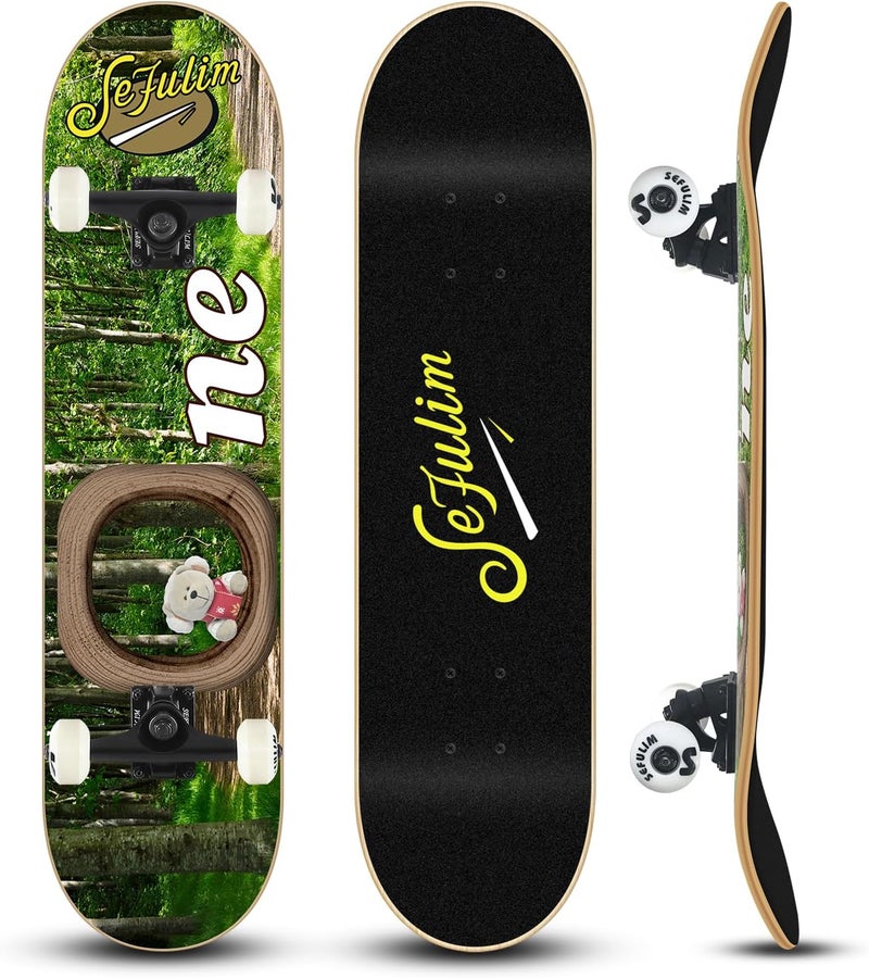 Sefulim 31 x 8 Inch Complete Skateboard 7 Layer Canadian Maple Double Kick Deck Concave Cruiser Trick Skateboard for Boys Girls Teens Adults Beginner - Image 1
