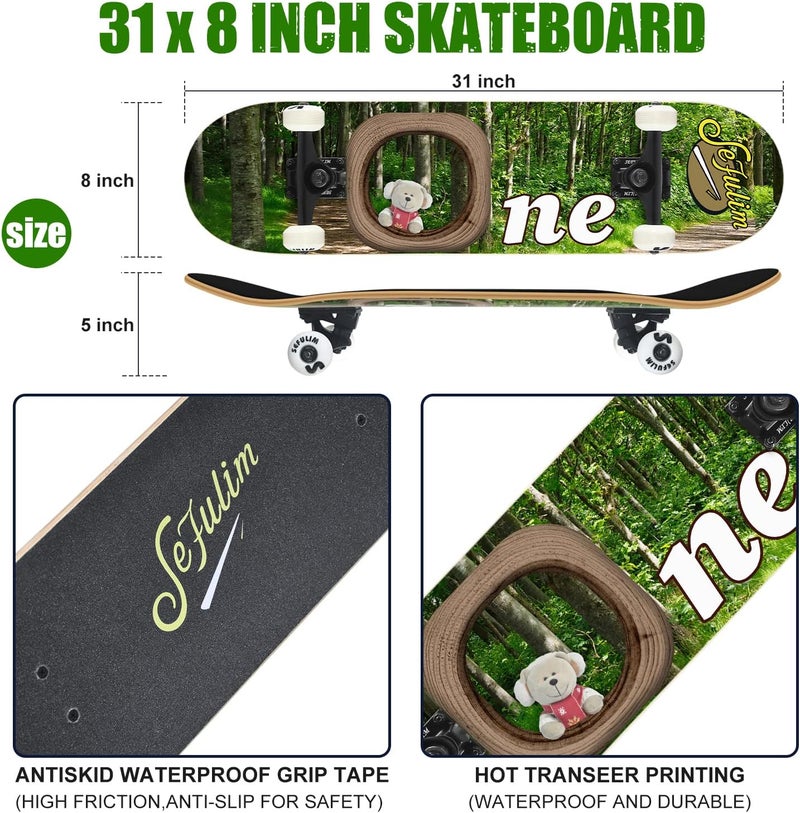 Sefulim 31 x 8 Inch Complete Skateboard 7 Layer Canadian Maple Double Kick Deck Concave Cruiser Trick Skateboard for Boys Girls Teens Adults Beginner - Image 2