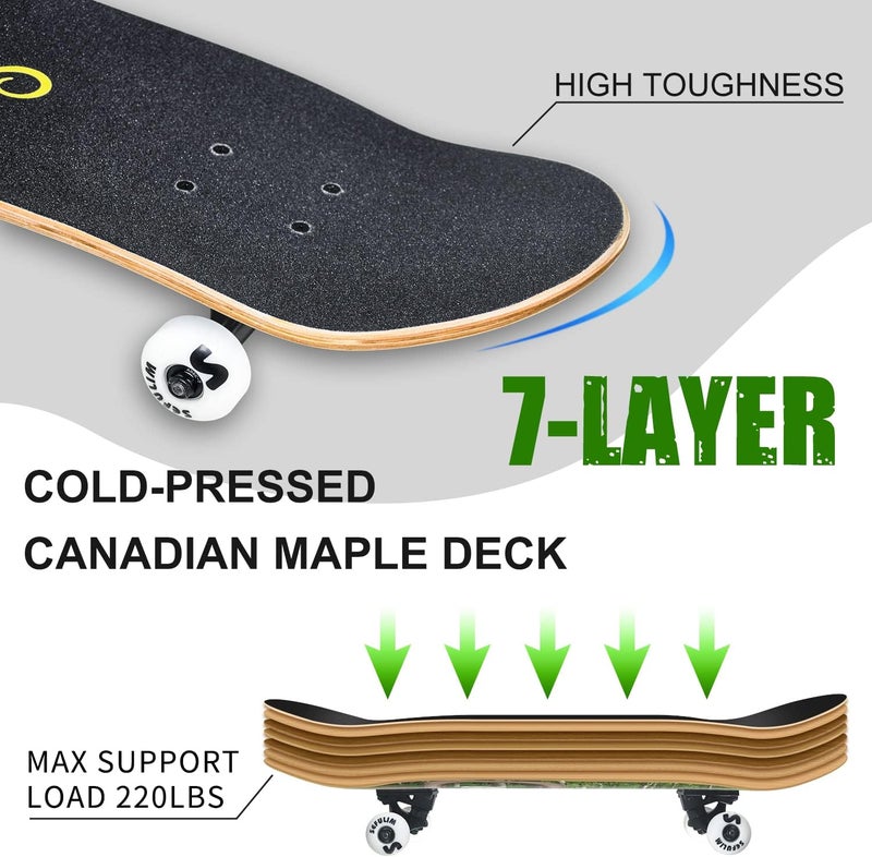 Sefulim 31 x 8 Inch Complete Skateboard 7 Layer Canadian Maple Double Kick Deck Concave Cruiser Trick Skateboard for Boys Girls Teens Adults Beginner - Image 5
