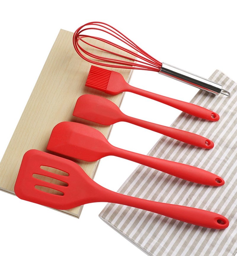 Hillento Silicone Kitchen Utensil Set Kitchenware 5PCS Silicone Kitchen Utensils Set Spatulas Brush Cooking Tools Easy to Use Clean Red - Image 2