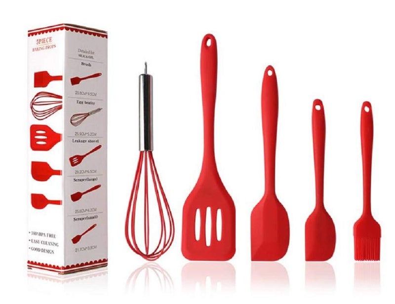 Hillento Silicone Kitchen Utensil Set Kitchenware 5PCS Silicone Kitchen Utensils Set Spatulas Brush Cooking Tools Easy to Use Clean Red - Image 1
