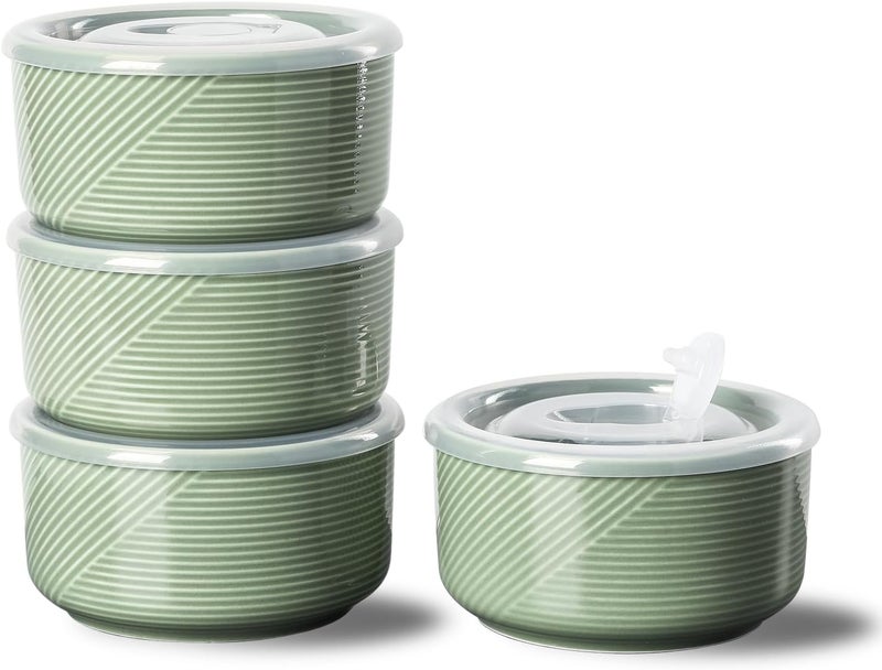 Adewnest Ceramic Bowls with Lids 20 oz Microwave Safe Food Storage Containers for Soup Salad Cereal Leftovers Meal Prep Lunch Picnic Camping Serving  Airtight Green Set of 4 - Image 1