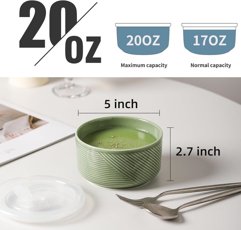 Adewnest Ceramic Bowls with Lids 20 oz Microwave Safe Food Storage Containers for Soup Salad Cereal Leftovers Meal Prep Lunch Picnic Camping Serving  Airtight Green Set of 4 - Image 2