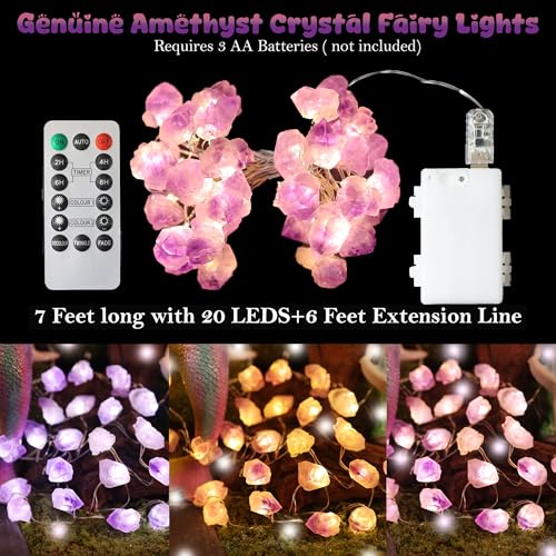 JASHIKA Genuine Amethyst Crystal Fairy Lights, Natural Healing 20 Raw Stones String of Lights 6.5ft Remote Control USB Plug in for Reiki Ornaments Bedroom Wedding Decoration - Image 2