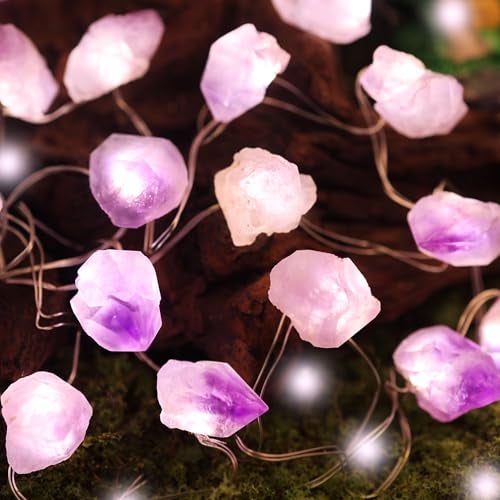 JASHIKA Genuine Amethyst Crystal Fairy Lights, Natural Healing 20 Raw Stones String of Lights 6.5ft Remote Control USB Plug in for Reiki Ornaments Bedroom Wedding Decoration - Image 1