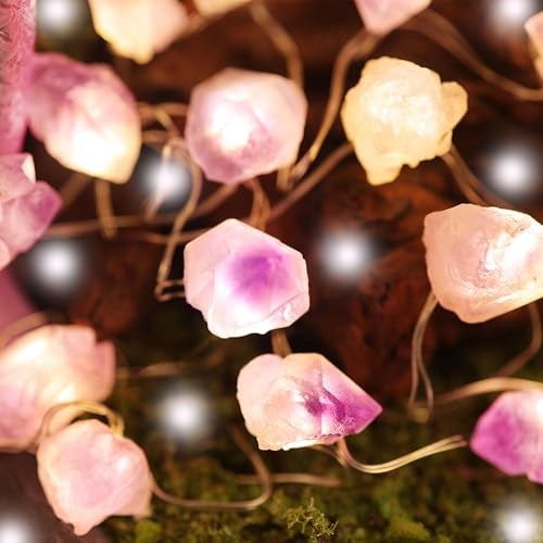 JASHIKA Genuine Amethyst Crystal Fairy Lights, Natural Healing 20 Raw Stones String of Lights 6.5ft Remote Control USB Plug in for Reiki Ornaments Bedroom Wedding Decoration - Image 3