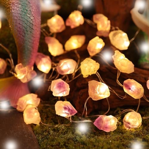 JASHIKA Genuine Amethyst Crystal Fairy Lights, Natural Healing 20 Raw Stones String of Lights 6.5ft Remote Control USB Plug in for Reiki Ornaments Bedroom Wedding Decoration - Image 4