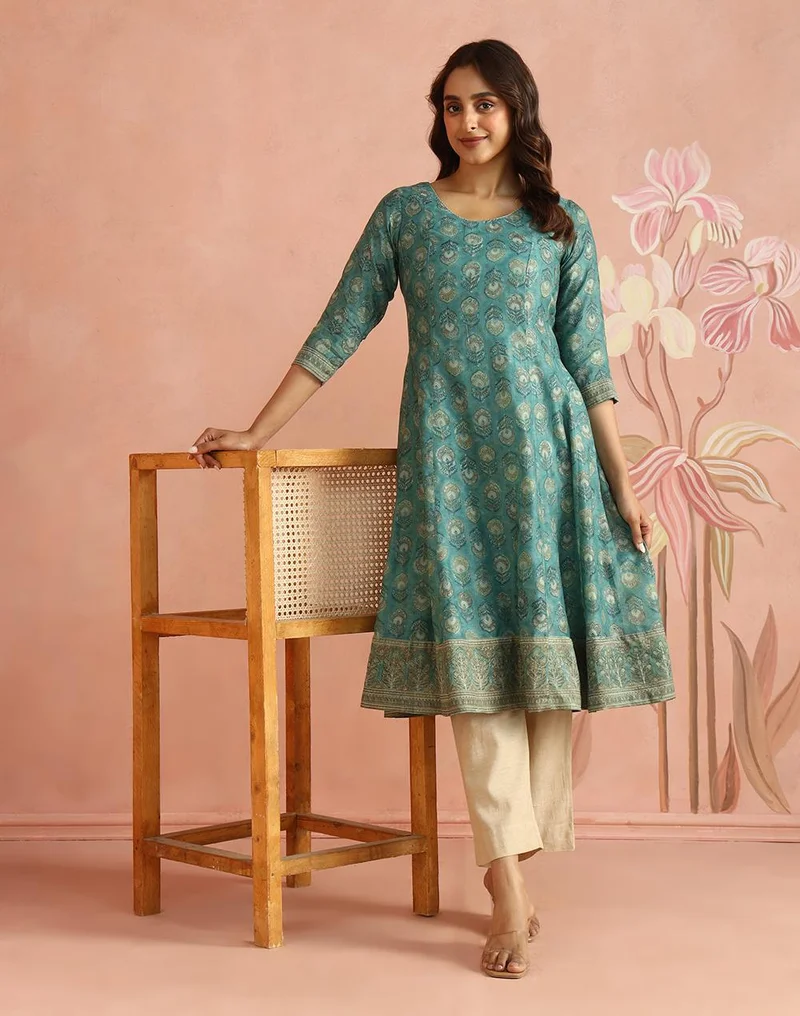 Turquoise Cotton Silk Hand Block Printed Long Kurta