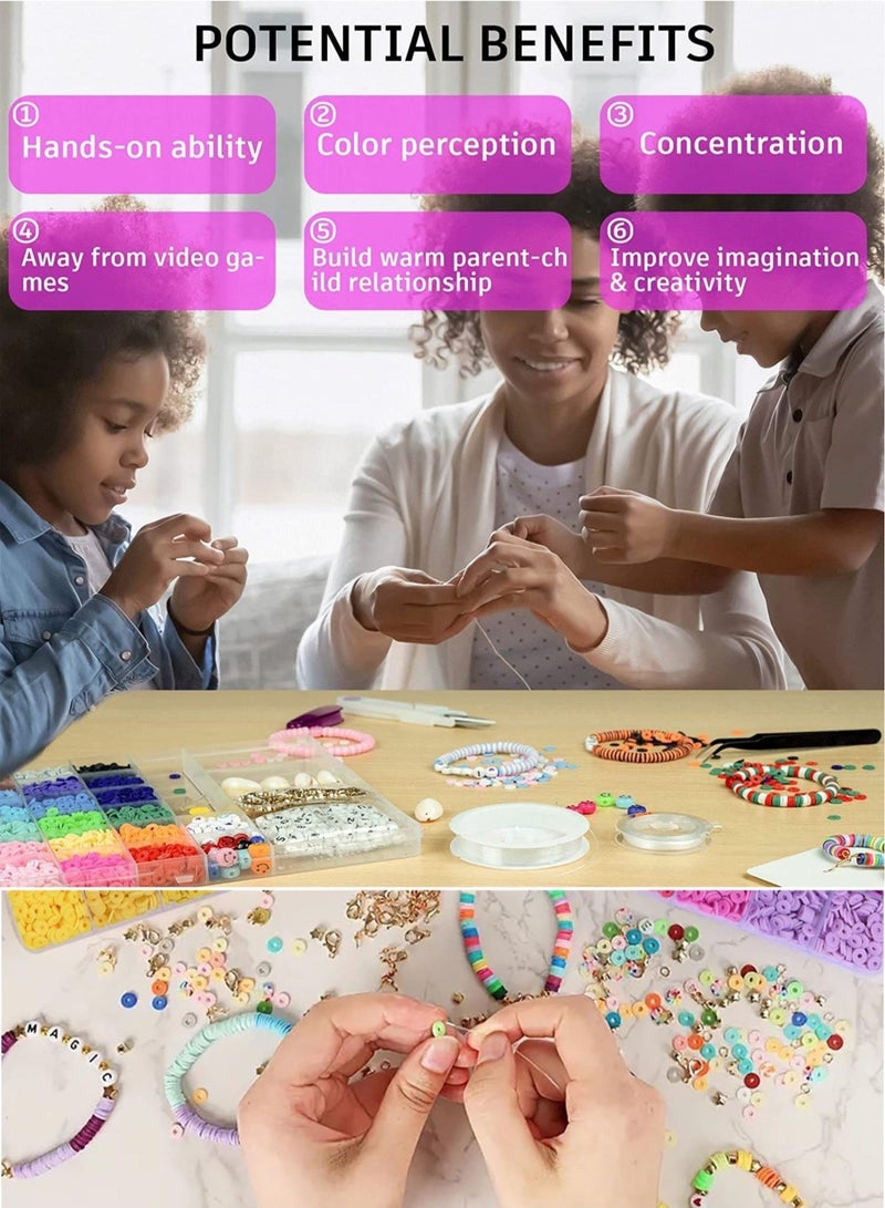 6000+ Clay Beads for Bracelet Making Kit - DIY Jewelry Set with Pendant Charms, Elastic Strings, 24 Colors Flat Preppy Beads for Bracelets, Necklace, Earrings - Image 2