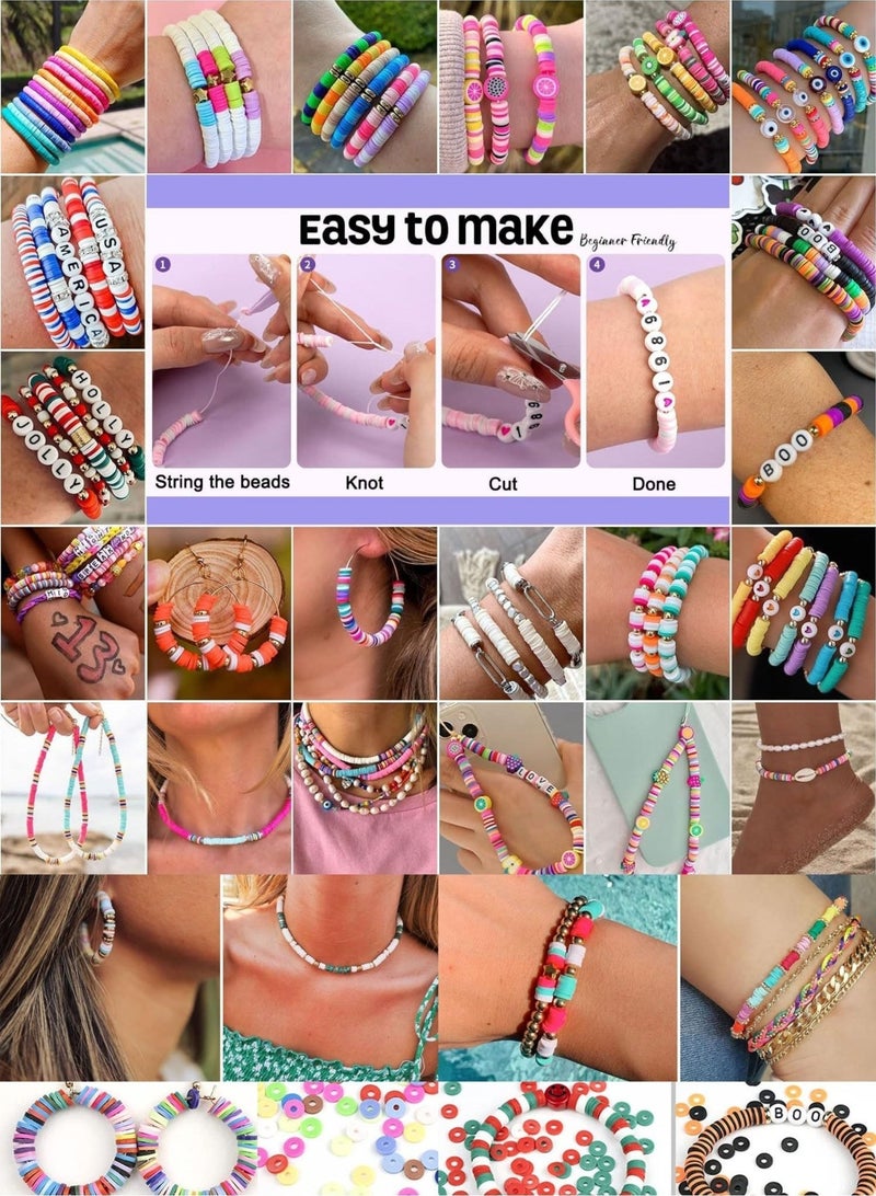 6000+ Clay Beads for Bracelet Making Kit - DIY Jewelry Set with Pendant Charms, Elastic Strings, 24 Colors Flat Preppy Beads for Bracelets, Necklace, Earrings - Image 3