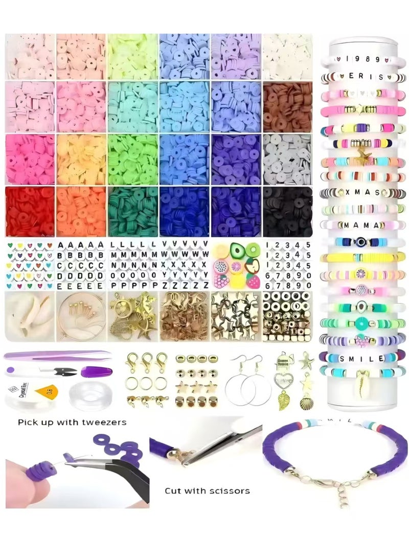 6000+ Clay Beads for Bracelet Making Kit - DIY Jewelry Set with Pendant Charms, Elastic Strings, 24 Colors Flat Preppy Beads for Bracelets, Necklace, Earrings - Image 1