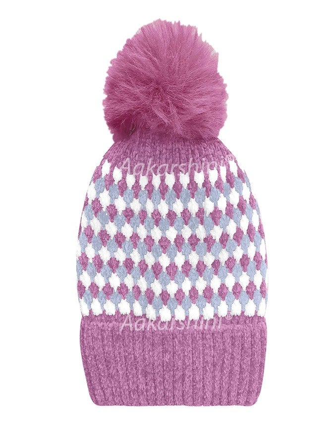Aakarshini® Winter Warm Velvet Pom Pom Hat Soft Thick Knit Beanie Caps - Winter Headgear for Girls, Ladies and Women (in, Alpha, Free Size, Color 6) - Image 3