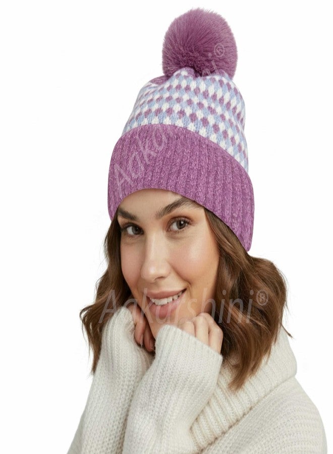 Aakarshini® Winter Warm Velvet Pom Pom Hat Soft Thick Knit Beanie Caps - Winter Headgear for Girls, Ladies and Women (in, Alpha, Free Size, Color 6) - Image 2