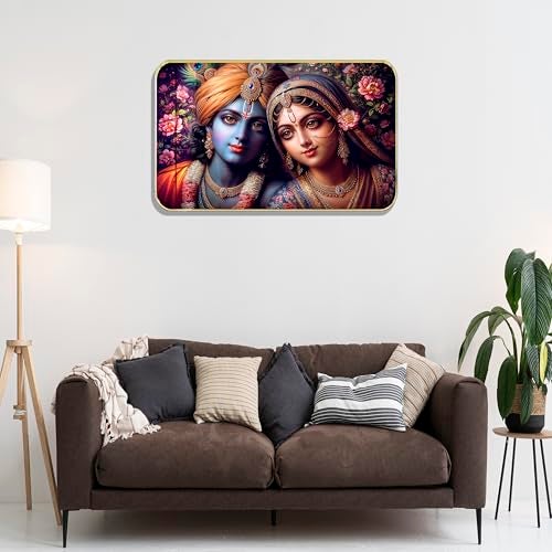 Masstone Radha Krishna Crystal Embedded High Gloss Wall Painting, Golden Slim Frame, 45x30 Cm Wall Art for Living Room, Bedroom, Office & Home Décor (HG10) - Image 2