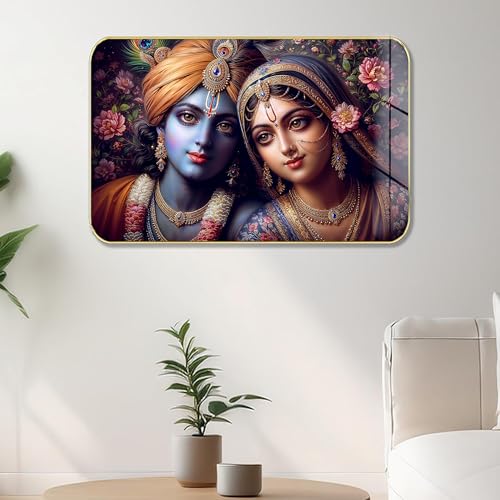 Masstone Radha Krishna Crystal Embedded High Gloss Wall Painting, Golden Slim Frame, 45x30 Cm Wall Art for Living Room, Bedroom, Office & Home Décor (HG10) - Image 1