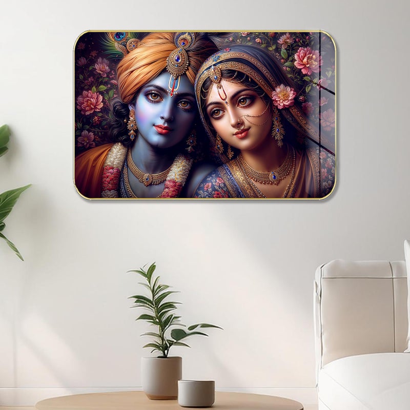 Masstone Radha Krishna Crystal Embedded High Gloss Wall Painting, Golden Slim Frame, 45x30 Cm Wall Art for Living Room, Bedroom, Office & Home Décor (HG10) - Image 5