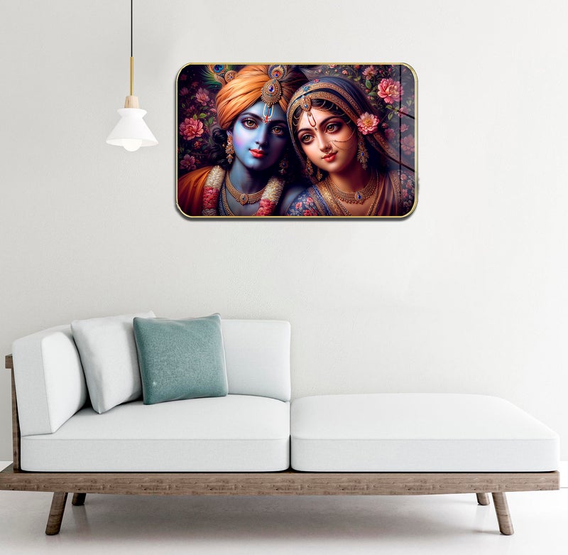 Masstone Radha Krishna Crystal Embedded High Gloss Wall Painting, Golden Slim Frame, 45x30 Cm Wall Art for Living Room, Bedroom, Office & Home Décor (HG10) - Image 3