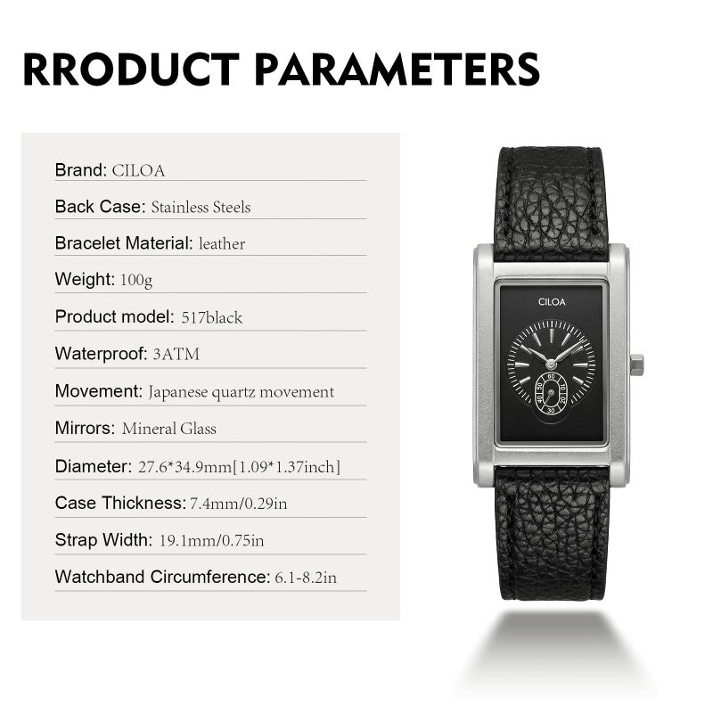 CILOA Watches for Men Unique Rectangle Relojes para Hombres Fashion Simple Analog Wrist Watch with Leather Strap, Black - Image 3