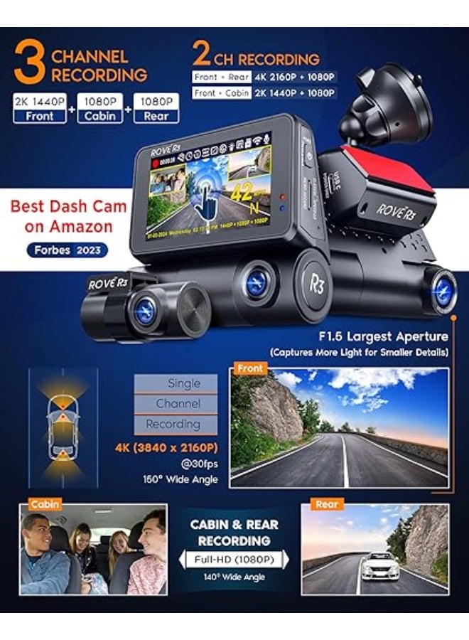 ROVE R3 Dash Cam, 3” IPS Touch Screen, 3 Channel Dash Cam Front and Rear with Cabin, 5.0 GHz WiFi, Built-in GPS, 2K-1440P+1080P+1080P, 24-HR Parking Monitor, Supercapacitor, Supports up to 512GB Max - Image 3