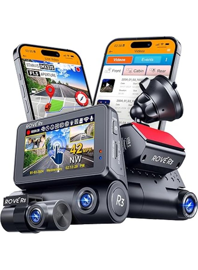 ROVE R3 Dash Cam, 3” IPS Touch Screen, 3 Channel Dash Cam Front and Rear with Cabin, 5.0 GHz WiFi, Built-in GPS, 2K-1440P+1080P+1080P, 24-HR Parking Monitor, Supercapacitor, Supports up to 512GB Max - Image 1