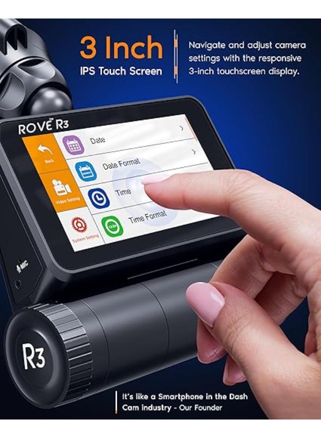 ROVE R3 Dash Cam, 3” IPS Touch Screen, 3 Channel Dash Cam Front and Rear with Cabin, 5.0 GHz WiFi, Built-in GPS, 2K-1440P+1080P+1080P, 24-HR Parking Monitor, Supercapacitor, Supports up to 512GB Max - Image 5