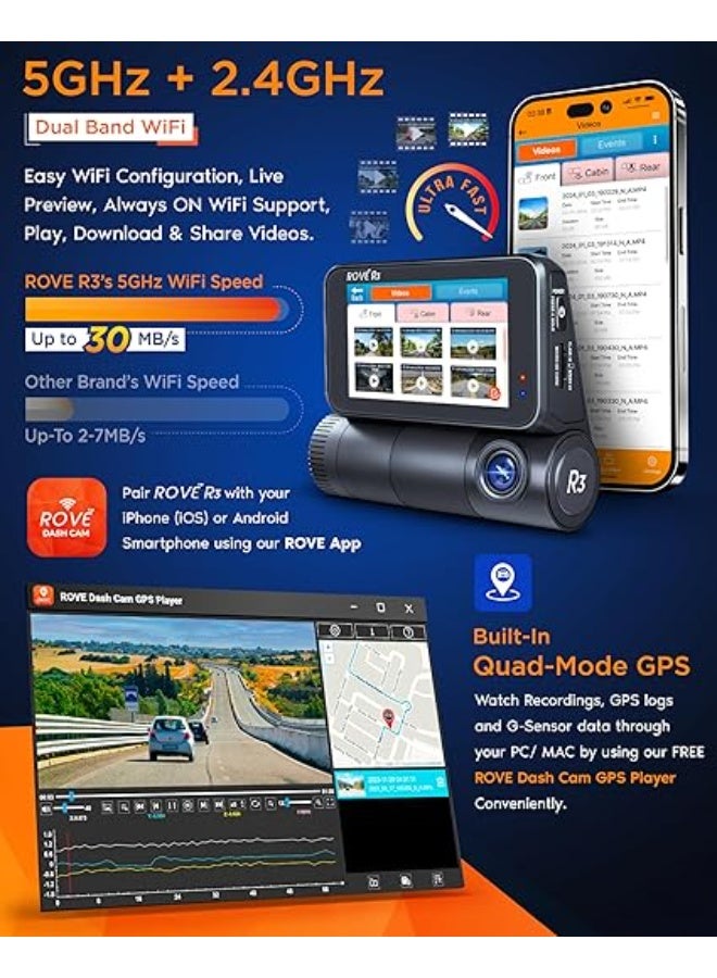 ROVE R3 Dash Cam, 3” IPS Touch Screen, 3 Channel Dash Cam Front and Rear with Cabin, 5.0 GHz WiFi, Built-in GPS, 2K-1440P+1080P+1080P, 24-HR Parking Monitor, Supercapacitor, Supports up to 512GB Max - Image 4