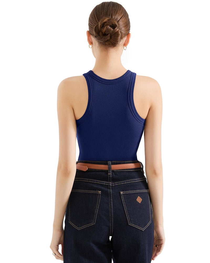 SUUKSESS Women Padded Cotton Ribbed Tank Tops Sleeveless High Neck Racerback Basic Tops(Navy, L) - Image 5