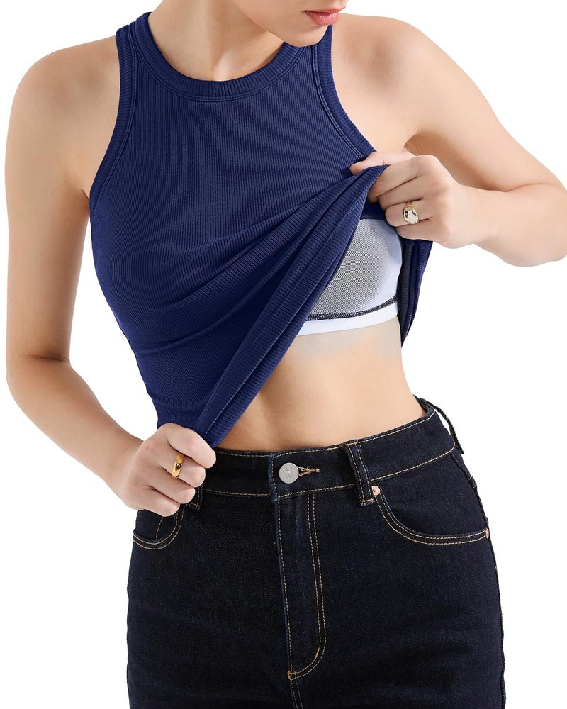 SUUKSESS Women Padded Cotton Ribbed Tank Tops Sleeveless High Neck Racerback Basic Tops(Navy, L) - Image 4