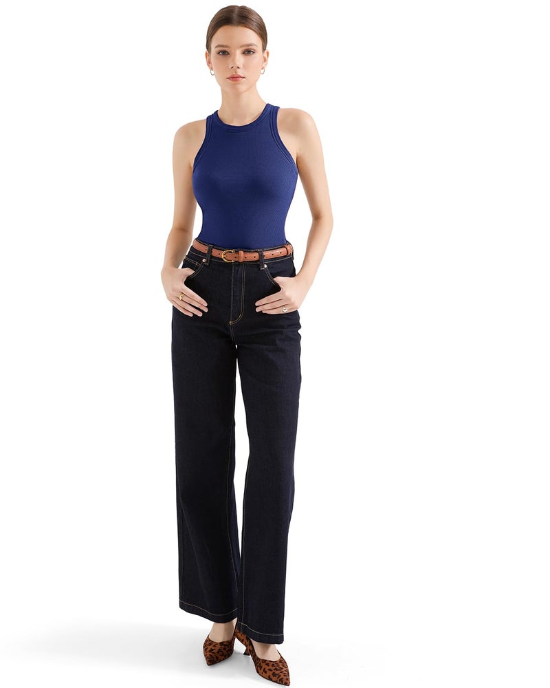 SUUKSESS Women Padded Cotton Ribbed Tank Tops Sleeveless High Neck Racerback Basic Tops(Navy, L) - Image 2