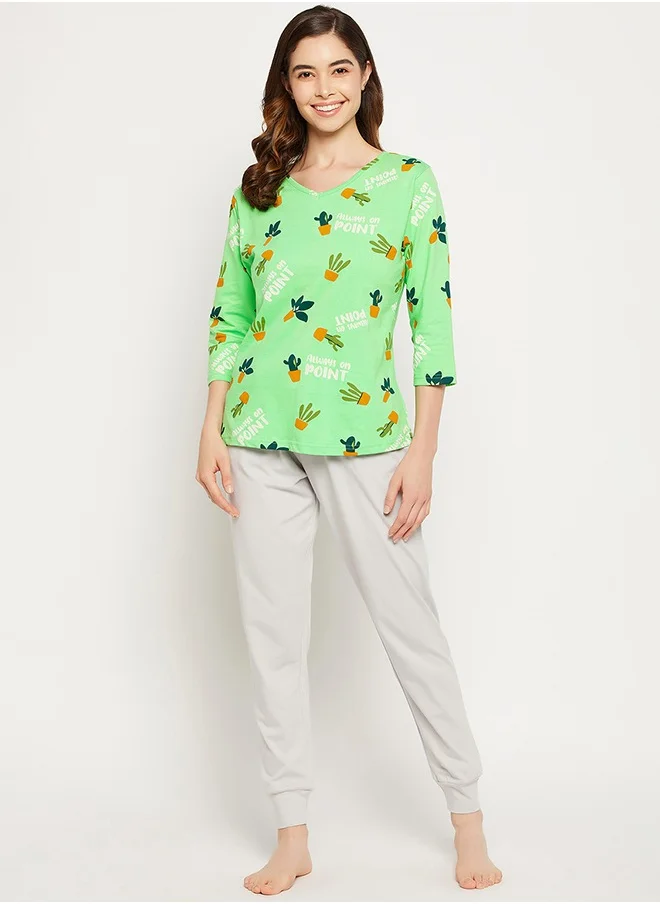 Clovia Clovia Cactus Print Top in Seafoam Green & Chic Basic Joggers in Grey - 100% Cotton