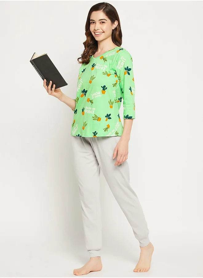 كلوفيا Clovia Cactus Print Top in Seafoam Green & Chic Basic Joggers in Grey - 100% Cotton