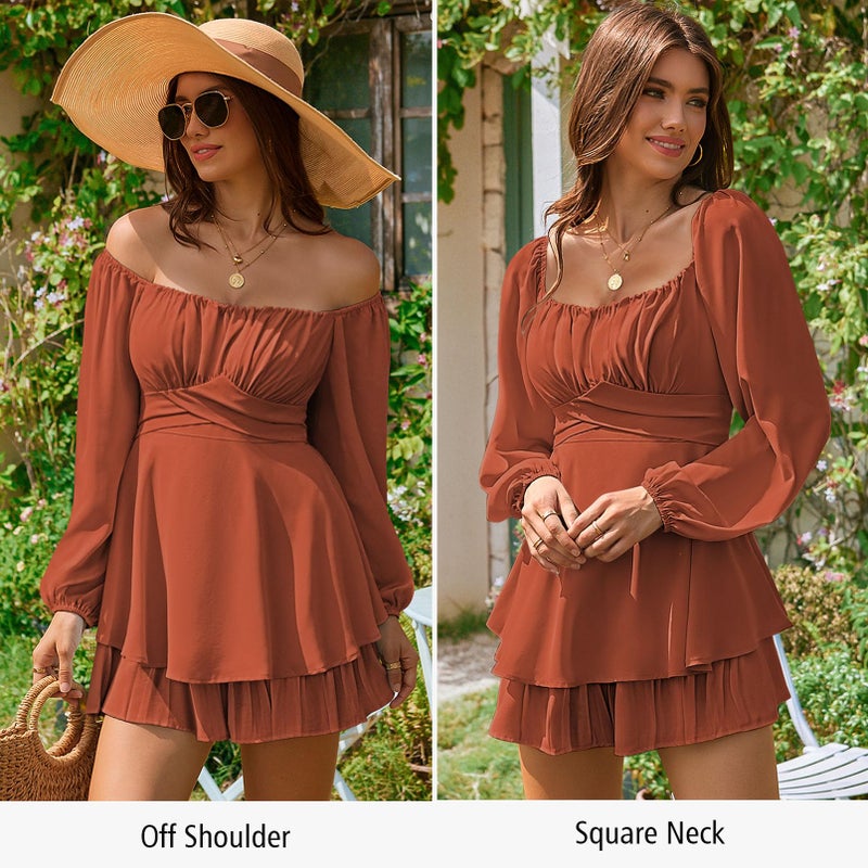 Fixmatti Women's Boho Jumpsuits Lantern Long Sleeve Ruffle Layer Tie Mini Short Chiffon Rompers Brown M - Image 4