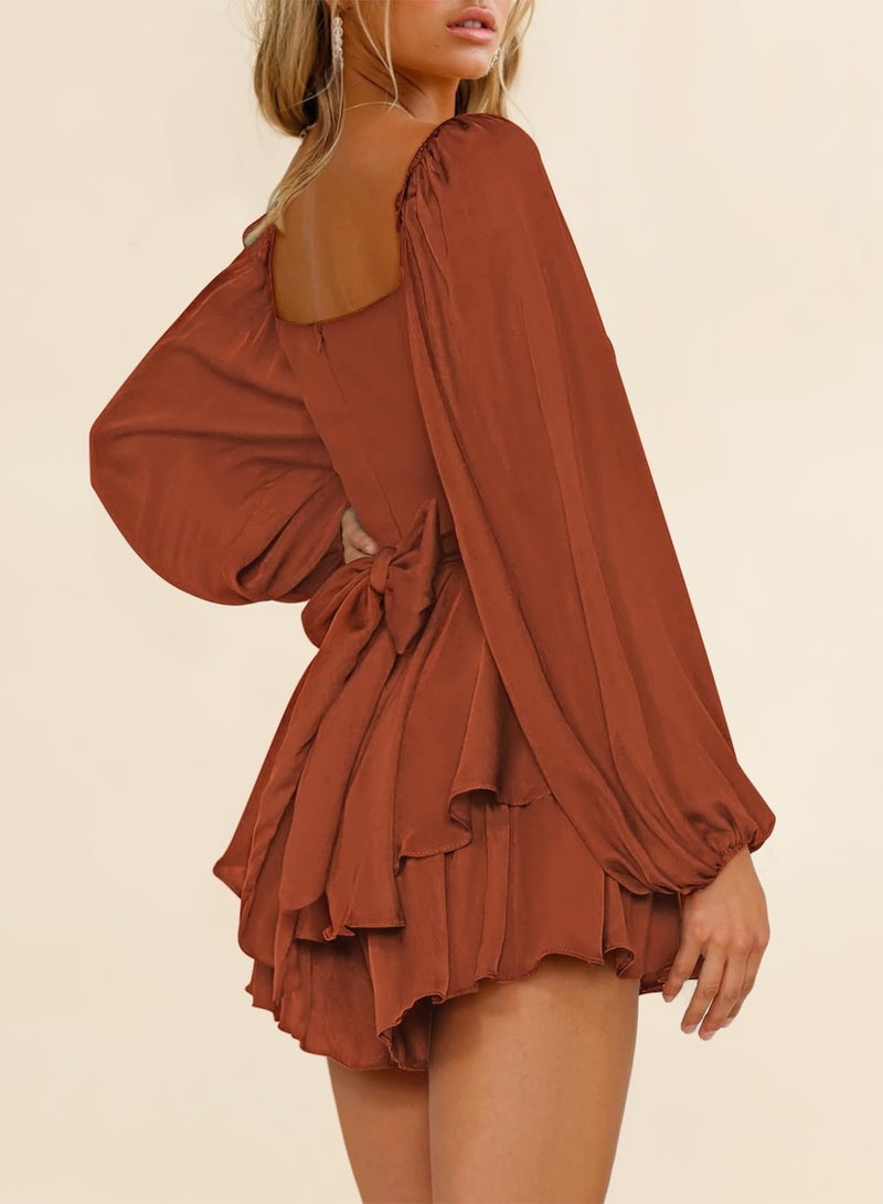 Fixmatti Women's Boho Jumpsuits Lantern Long Sleeve Ruffle Layer Tie Mini Short Chiffon Rompers Brown M - Image 5