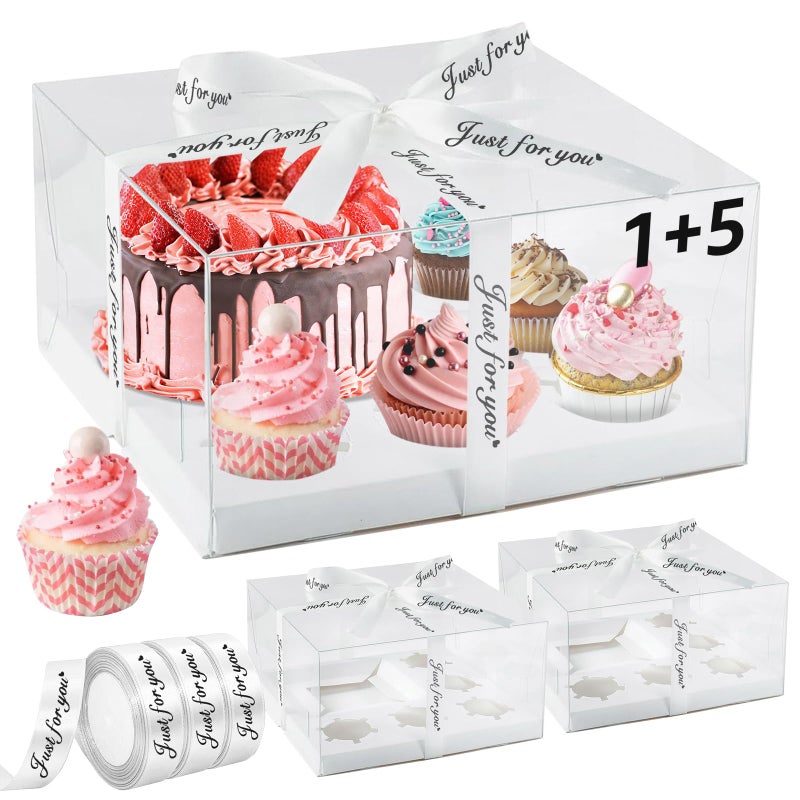 LLOERE 3 Pack Bento Cake and Cupcakes Box with Gift Ribbon, Clear Window 1+5 Combination Bento Boxes, 6 Holes Fit 5 Cupcake Containers and 1 Mini Cake(4-5in) for Birthday Party Baking Supplies - Image 1