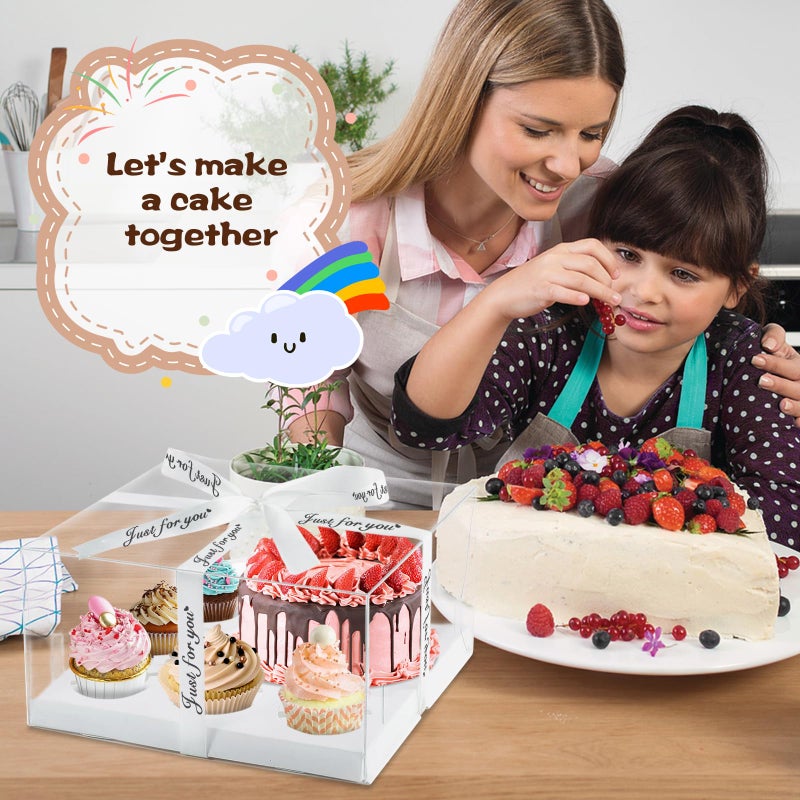 LLOERE 3 Pack Bento Cake and Cupcakes Box with Gift Ribbon, Clear Window 1+5 Combination Bento Boxes, 6 Holes Fit 5 Cupcake Containers and 1 Mini Cake(4-5in) for Birthday Party Baking Supplies - Image 4