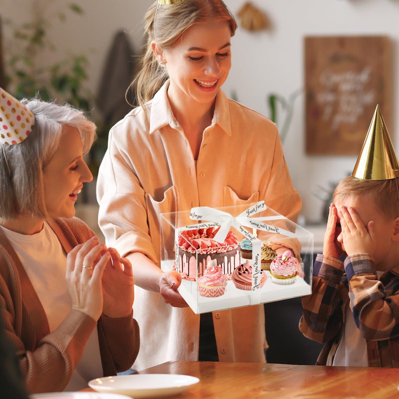 LLOERE 3 Pack Bento Cake and Cupcakes Box with Gift Ribbon, Clear Window 1+5 Combination Bento Boxes, 6 Holes Fit 5 Cupcake Containers and 1 Mini Cake(4-5in) for Birthday Party Baking Supplies - Image 3