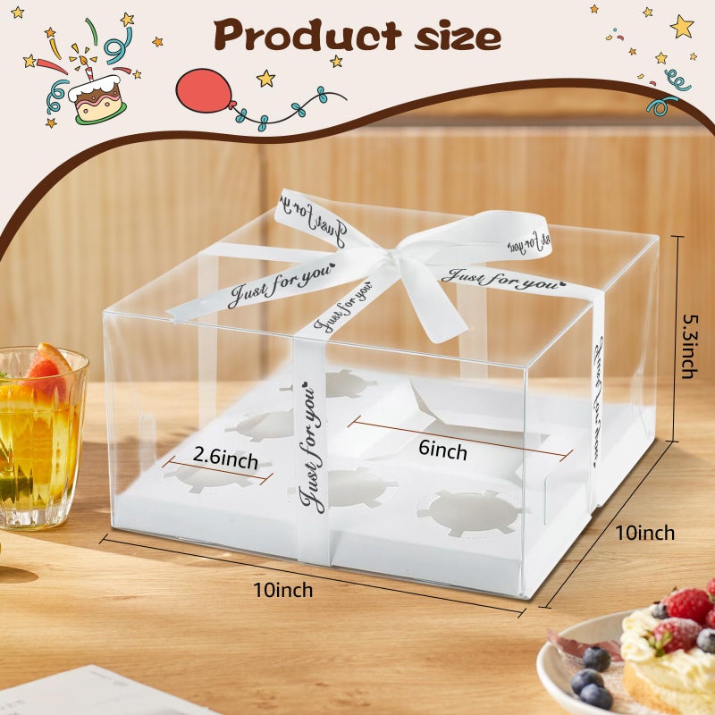 LLOERE 3 Pack Bento Cake and Cupcakes Box with Gift Ribbon, Clear Window 1+5 Combination Bento Boxes, 6 Holes Fit 5 Cupcake Containers and 1 Mini Cake(4-5in) for Birthday Party Baking Supplies - Image 2
