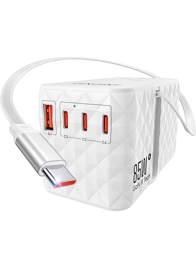 Lencent LENCENT 85W Universal Travel Power Adapter with Retractable USB C Cable, GaN International Travel Adapter with 1 USB-A & 3 Type C Fast Charging, Worldwide Plug Adaptor for US to EU UK Type C/G/A/I  - Image 1