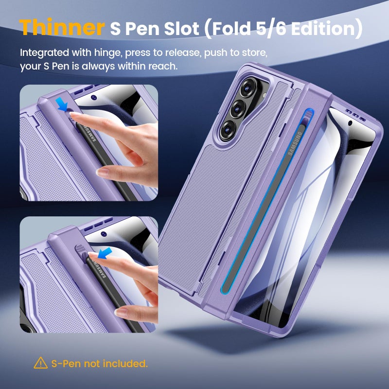 Caka for Samsung Galaxy Z Fold 5 Case [Thinner S Pen Holder] [Hidden Kickstand] [Hinge Protection] [Screen Protector] Full Body Hard Shockproof Phone Cover with Anti-Slip Textured for Fold5 - Purple - Image 3
