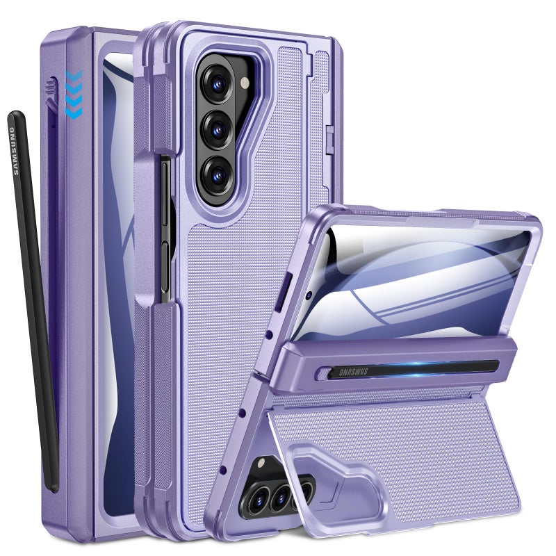 Caka for Samsung Galaxy Z Fold 5 Case [Thinner S Pen Holder] [Hidden Kickstand] [Hinge Protection] [Screen Protector] Full Body Hard Shockproof Phone Cover with Anti-Slip Textured for Fold5 - Purple - Image 1