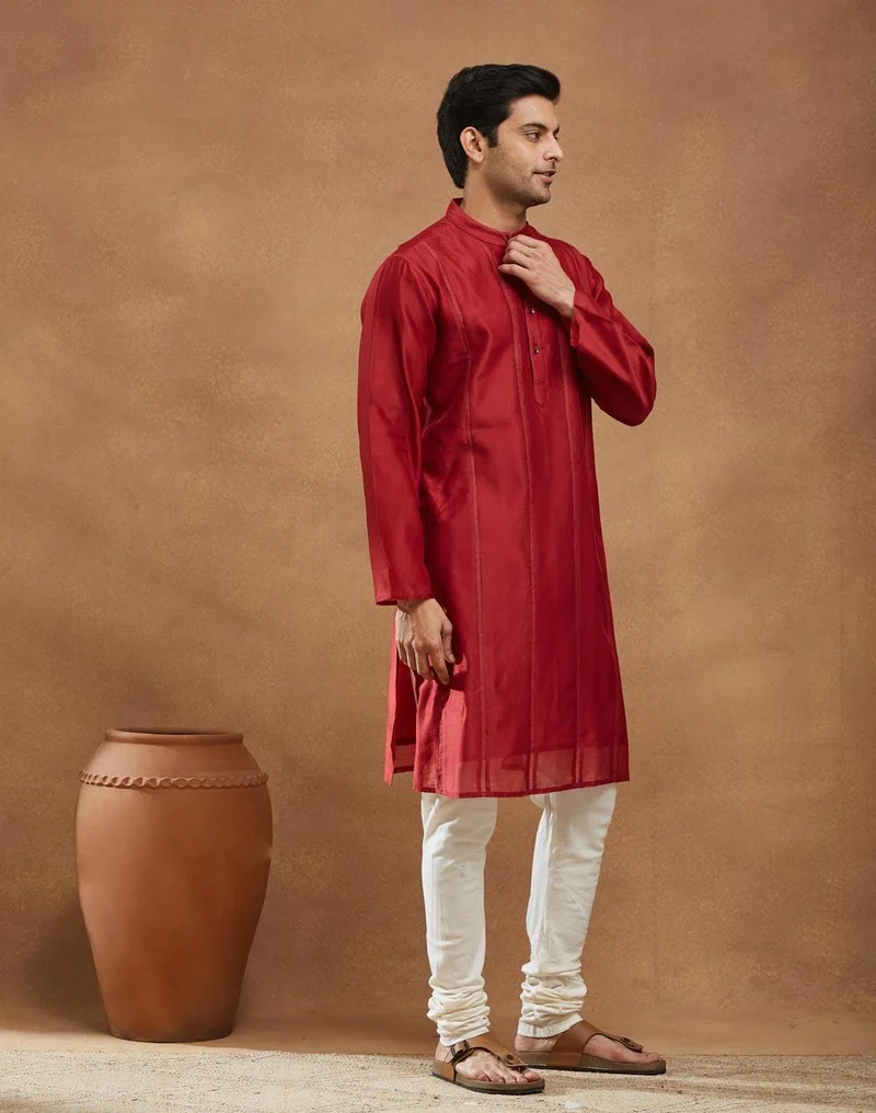 Fabindia Red Cotton Silk Blend Striped Long Kurta