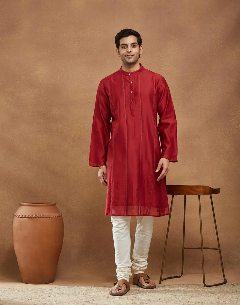 فاب انديا Red Cotton Silk Blend Striped Long Kurta