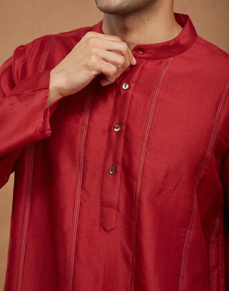 Fabindia Red Cotton Silk Blend Striped Long Kurta