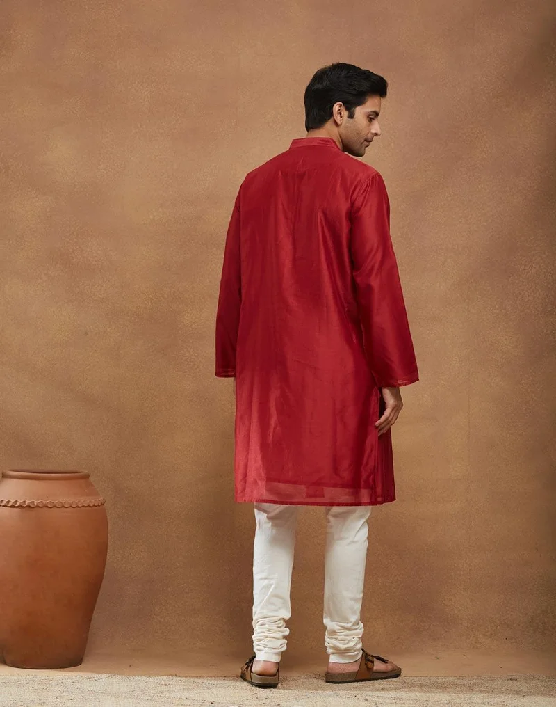 Fabindia Red Cotton Silk Blend Striped Long Kurta