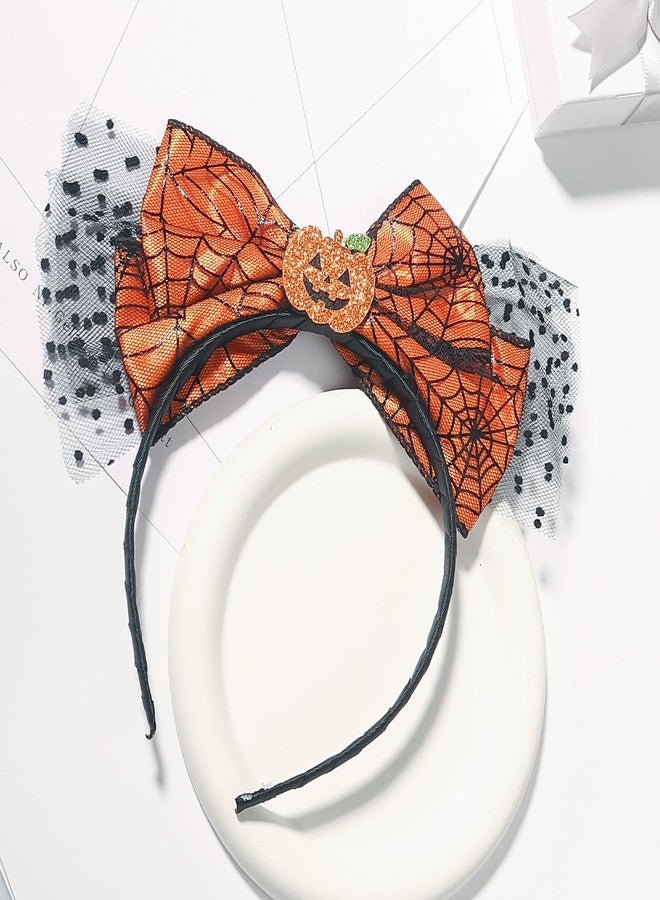 Mangoit Spider Web Headband Halloween Hairbands Pumpkin Head bands Lace Yellow Bow Design Halloween Christmas Party Birthday Head Wear Gift for Women Girls - Image 2
