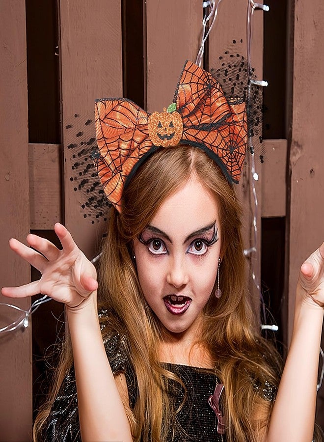 Mangoit Spider Web Headband Halloween Hairbands Pumpkin Head bands Lace Yellow Bow Design Halloween Christmas Party Birthday Head Wear Gift for Women Girls - Image 5