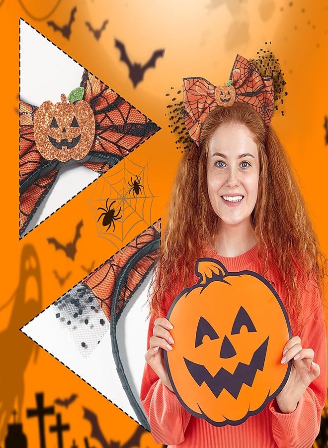 Mangoit Spider Web Headband Halloween Hairbands Pumpkin Head bands Lace Yellow Bow Design Halloween Christmas Party Birthday Head Wear Gift for Women Girls - Image 3