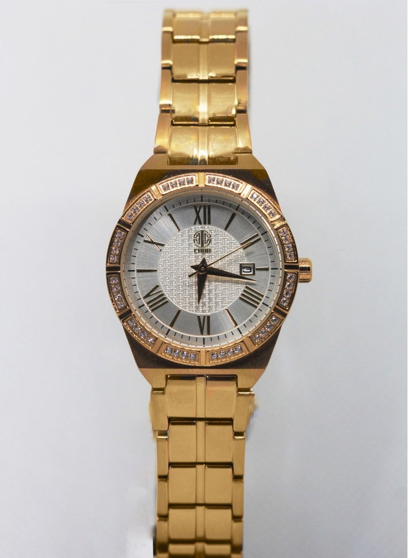 CABA Women's Watch, Elegant Design, Roman Numerals, Studded with Zircon Stones, Date Display, Waterproof, Stainless Steel Bracelet, Gold - 3106890SLG - Image 4