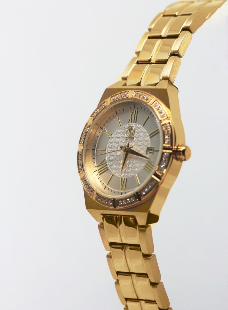 CABA Women's Watch, Elegant Design, Roman Numerals, Studded with Zircon Stones, Date Display, Waterproof, Stainless Steel Bracelet, Gold - 3106890SLG - Image 5